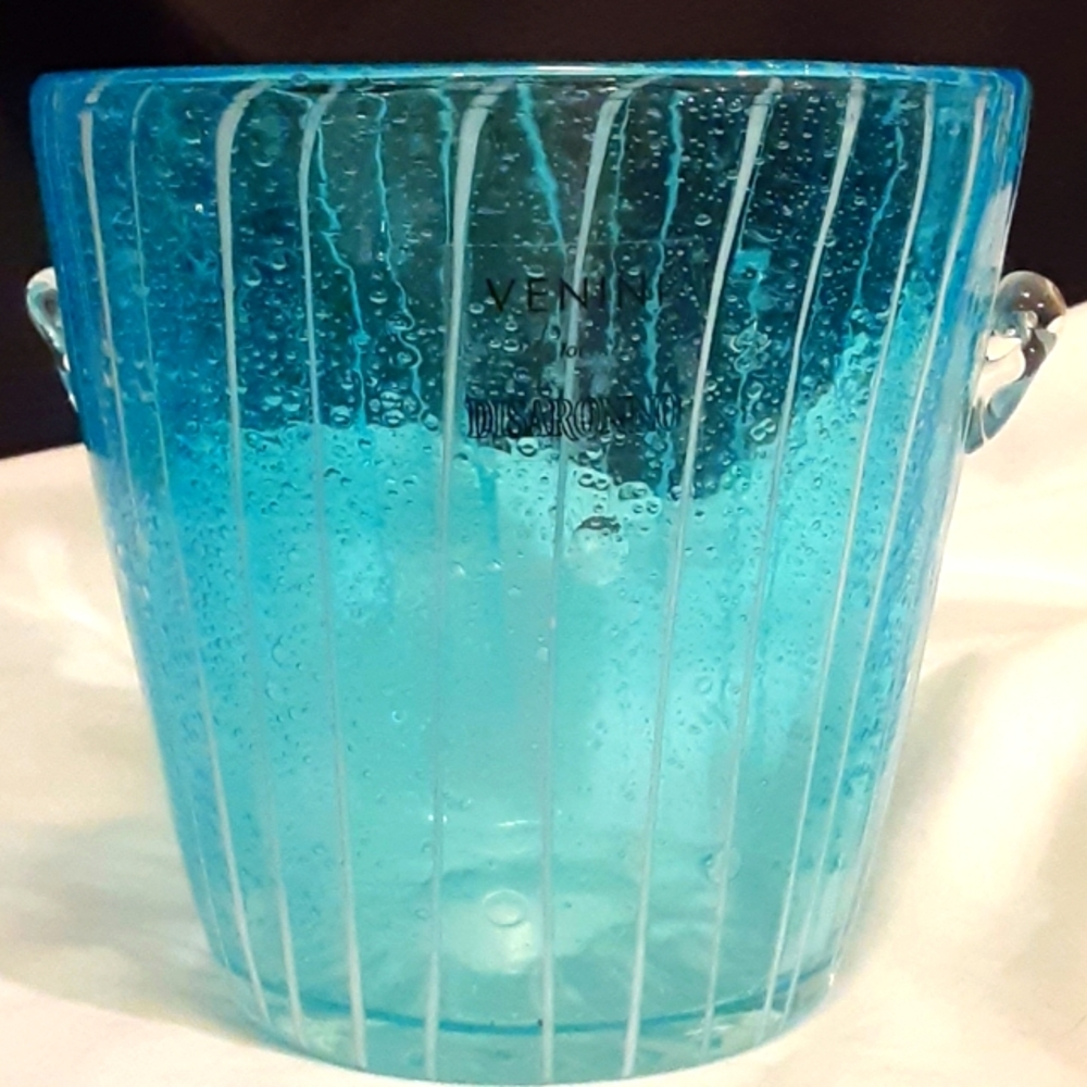 Murano Glass Bowl "Venini for Disaronno" Blue w/ White Stripes & Bubbles Italy